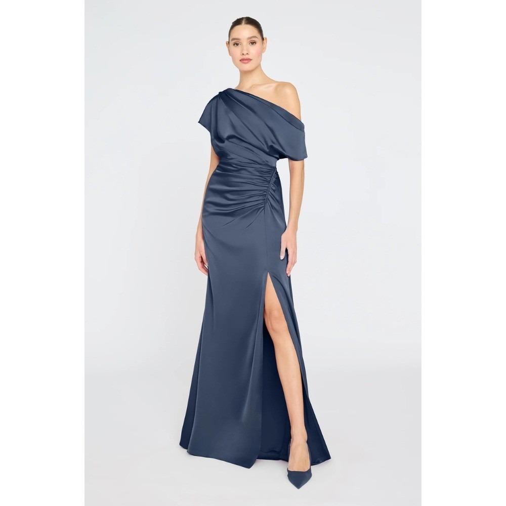 NWT THEIA‎ Kacey Asymmetrical Gown 4 Odyssey Grey Blue Satin One Shoulder